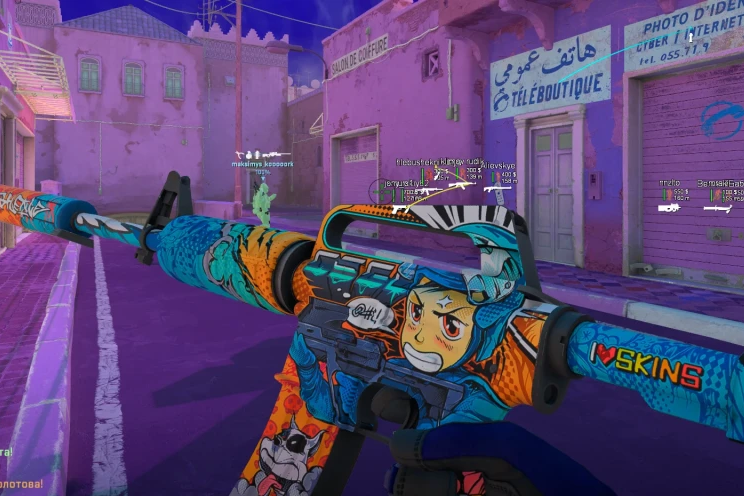 Counter-Strike 2 ESP on a Mirage street with player names, weapons and health in the distance